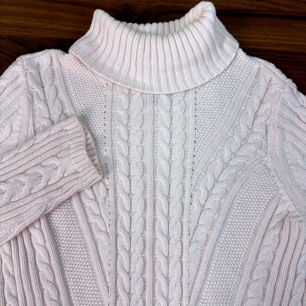 Chicos Pale Pink Cable Knit Turtleneck Sweater Womens Size 1 Medium Cotton Blend